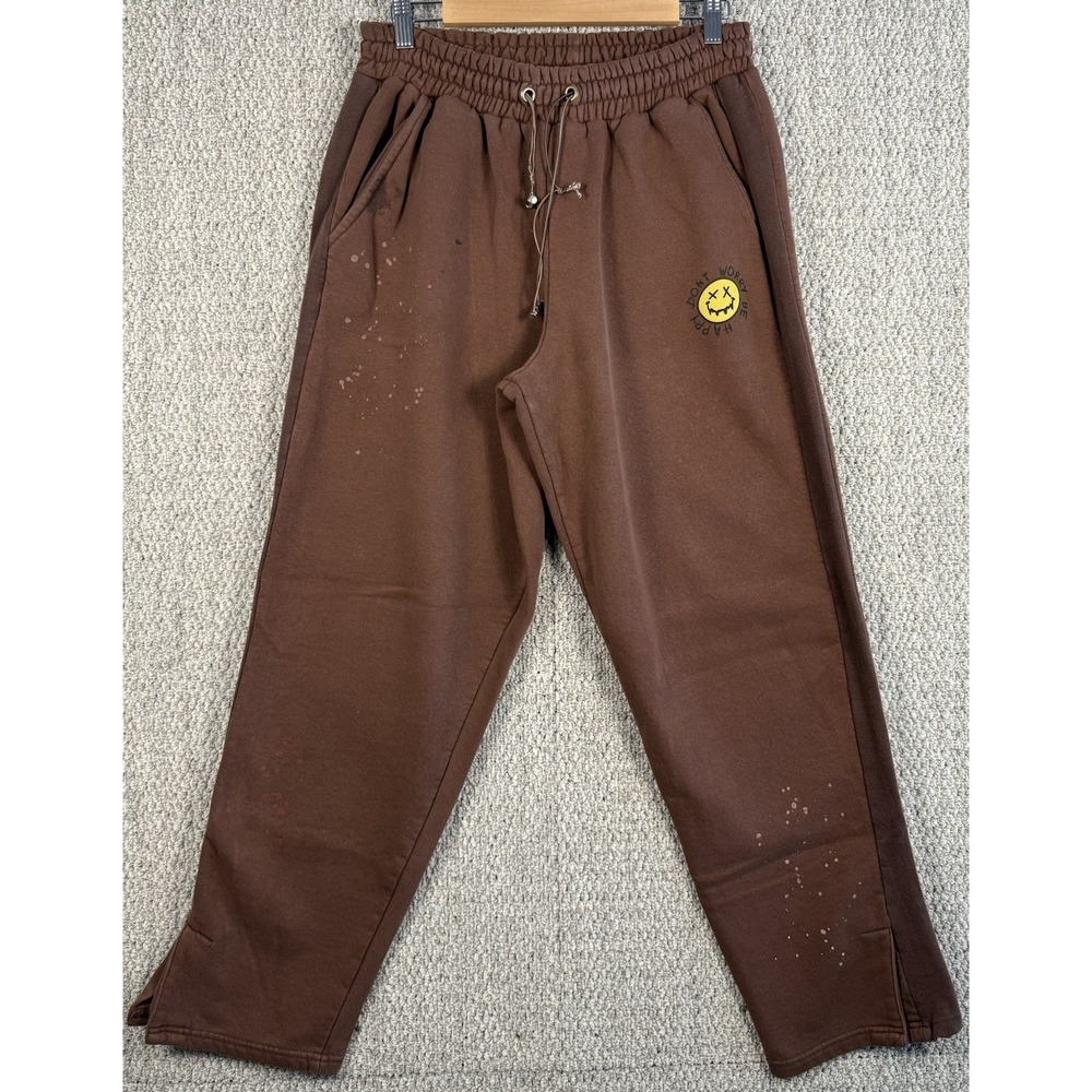 BoohooMAN Don't Worry Be Happy Paint Splatter Sweatpants Brown Size S